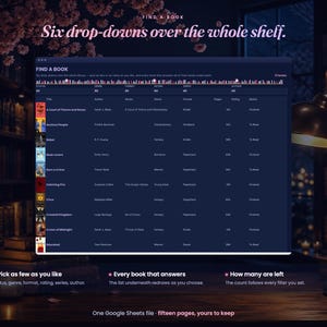 May include: A digital book tracking interface displayed on a dark blue background. The table includes columns for title, author, genre, series, format, pages, rating, and status. It features six drop-down menus for filtering and a book count.
