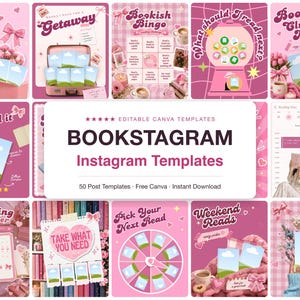 Bookstagram Templates Canva, 50 Bookish Instagram Posts, Coquette Pink Book Review TBR Reading Tracker, Book Blogger Booktok Content image 1