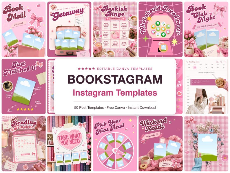 Bookstagram Templates Canva, 50 Bookish Instagram Posts, Coquette Pink Book Review TBR Reading Tracker, Book Blogger Booktok Content image 1