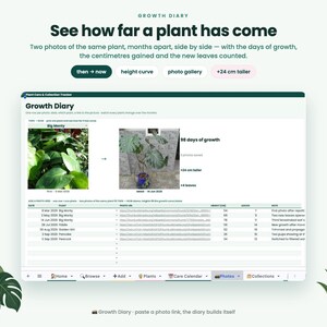 May include: A digital plant growth tracker interface titled Growth Diary. It displays side-by-side photos of a plant, 98 days of growth, +24 cm taller, and +4 leaves. Below is a table tracking plant names, dates, photo links, height in cm, days, and notes.