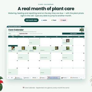 May include: A digital plant care calendar interface titled Care Calendar, displaying a monthly grid for September 2024. The layout includes task icons for water, feed, and repot, with small plant photos and text labels within specific calendar cells.