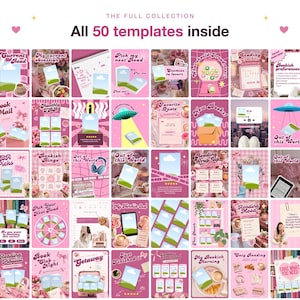 May include: A collection of 50 digital templates featuring a pink color palette with various book-themed layouts, including reading trackers, book reviews, and challenge prompts, all designed for social media posts with placeholders for images.