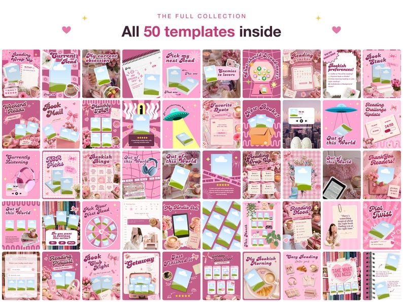 May include: A collection of 50 digital templates featuring a pink color palette with various book-themed layouts, including reading trackers, book reviews, and challenge prompts, all designed for social media posts with placeholders for images.