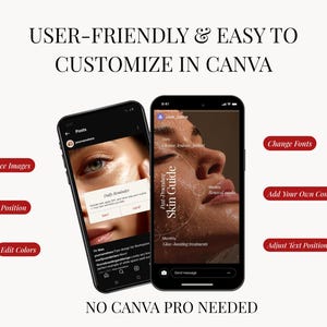 May include: Two smartphones displaying skincare guide content. One shows a daily reminder, the other a post-procedure skin guide. Text includes "Replace Images," "Adjust Text Position," "Edit Colors," "Change Fonts," and "Add Your Own Content." The image promotes easy customization in Canva.