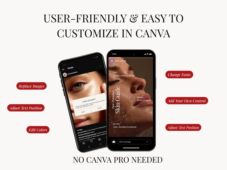 May include: Two smartphones displaying skincare guide content. One shows a daily reminder, the other a post-procedure skin guide. Text includes "Replace Images," "Adjust Text Position," "Edit Colors," "Change Fonts," and "Add Your Own Content." The image promotes easy customization in Canva.