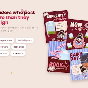 May include: A digital graphic pack featuring four rectangular templates with maroon and blue striped backgrounds. The designs include cartoon illustrations of a person reading, text reading Currently Reading, Now Listening, Book Mail, and Rainy Day Reads.