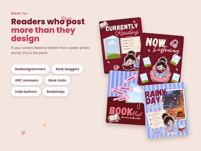 May include: A digital graphic pack featuring four rectangular templates with maroon and blue striped backgrounds. The designs include cartoon illustrations of a person reading, text reading Currently Reading, Now Listening, Book Mail, and Rainy Day Reads.