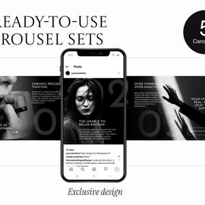 May include: A digital design showcasing five ready-to-use carousel sets. The image features a smartphone displaying a social media post with text about anxiety and mental health. The design includes black and white images and text overlays.