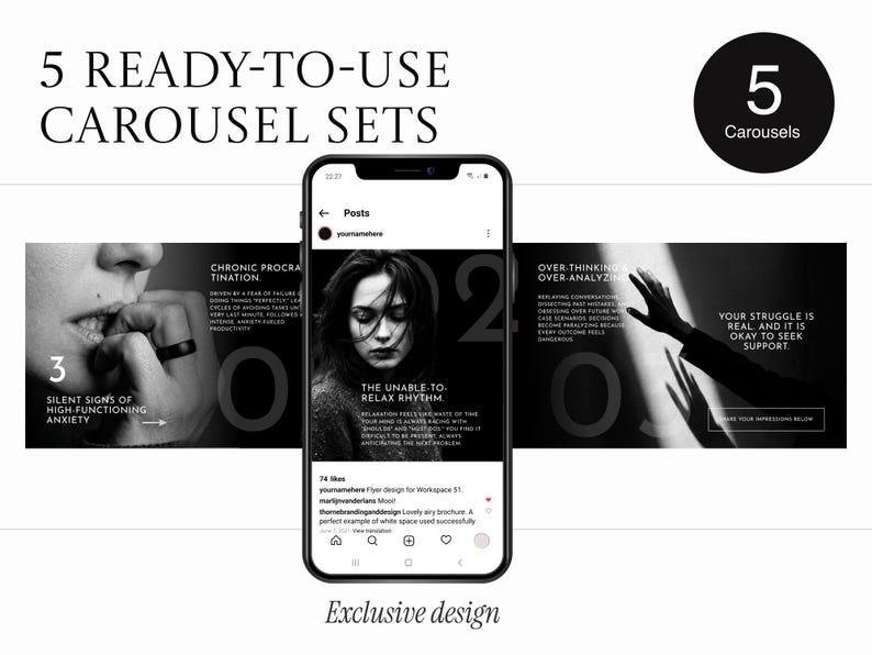 May include: A digital design showcasing five ready-to-use carousel sets. The image features a smartphone displaying a social media post with text about anxiety and mental health. The design includes black and white images and text overlays.