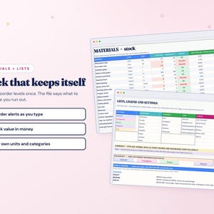 K&ouml;nnte beinhalten: Eine digitale Tabellenkalkulationsoberfl&auml;che f&uuml;r die Bestandsverwaltung mit dem Titel MATERIALS stock und LISTS, LEGEND AND SETTINGS. Die Anzeige enth&auml;lt Tabellen mit farbcodierten Statuszellen auf einem hellrosa Hintergrund.