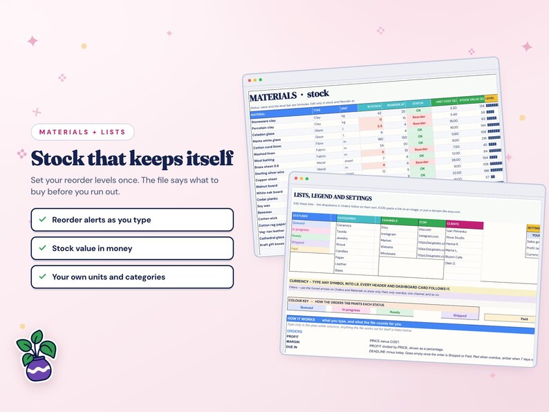 K&ouml;nnte beinhalten: Eine digitale Tabellenkalkulationsoberfl&auml;che f&uuml;r die Bestandsverwaltung mit dem Titel MATERIALS stock und LISTS, LEGEND AND SETTINGS. Die Anzeige enth&auml;lt Tabellen mit farbcodierten Statuszellen auf einem hellrosa Hintergrund.
