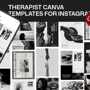 May include: A collection of black and white Canva templates for Instagram, designed for therapists. The templates feature minimalist designs with text overlays, including phrases like "Inner Tension" and "Blindsight Beyond the Void." A smartphone displays a template with a typewriter graphic.