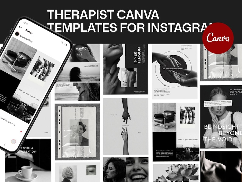 May include: A collection of black and white Canva templates for Instagram, designed for therapists. The templates feature minimalist designs with text overlays, including phrases like "Inner Tension" and "Blindsight Beyond the Void." A smartphone displays a template with a typewriter graphic.