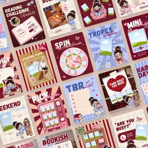 May include: A collection of digital reading journal templates featuring a cartoon character, book-themed graphics, and text including Reading Challenge Update, Tropes, Mini Audio Review, Monthly Wrap Up, Starter Pack, Spin the Wheel, and TBR List.