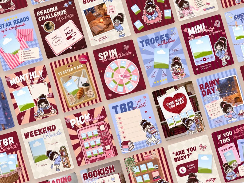 May include: A collection of digital reading journal templates featuring a cartoon character, book-themed graphics, and text including Reading Challenge Update, Tropes, Mini Audio Review, Monthly Wrap Up, Starter Pack, Spin the Wheel, and TBR List.