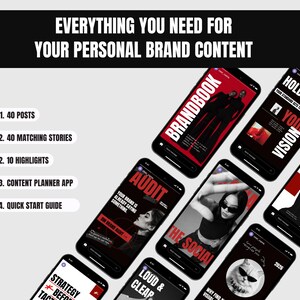 May include: A digital marketing template set featuring smartphones displaying social media content with red, black, and white graphics. Text includes EVERYTHING YOU NEED FOR YOUR PERSONAL BRAND CONTENT, 40 POSTS, 40 MATCHING STORIES, 10 HIGHLIGHTS, CONTENT PLANNER APP, and QUICK START GUIDE.