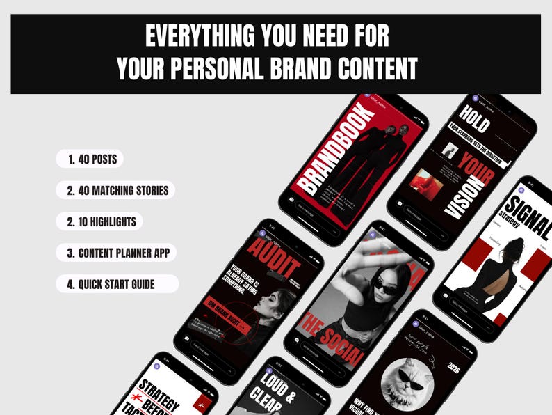 May include: A digital marketing template set featuring smartphones displaying social media content with red, black, and white graphics. Text includes EVERYTHING YOU NEED FOR YOUR PERSONAL BRAND CONTENT, 40 POSTS, 40 MATCHING STORIES, 10 HIGHLIGHTS, CONTENT PLANNER APP, and QUICK START GUIDE.