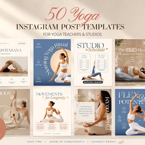 Preview collage of 50 editable yoga Instagram post templates for yoga teachers and studios. Beige, cream, and soft blue Canva designs with class schedules, yoga poses, wellness quotes, rituals, movement tips, and elegant lifestyle photo layouts for social media.