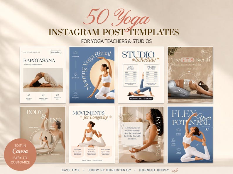 Preview collage of 50 editable yoga Instagram post templates for yoga teachers and studios. Beige, cream, and soft blue Canva designs with class schedules, yoga poses, wellness quotes, rituals, movement tips, and elegant lifestyle photo layouts for social media.