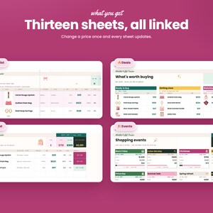May include: A digital spreadsheet template featuring thirteen linked sheets for tracking wishlists, deals, baskets, and shopping events. The interface displays tables with columns for items, prices, and status, set against a dark pink background.