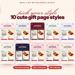 Puede incluir: Un gr&aacute;fico digital que muestra 10 estilos de p&aacute;gina de regalo con el texto "pick your style 10 cute gift page styles" y "Olena's Wishlist". El dise&ntilde;o presenta varios esquemas de color, patrones de cuadr&iacute;cula e iconos como un lazo rosa, un coraz&oacute;n rojo, una flor azul y un oso rojo.