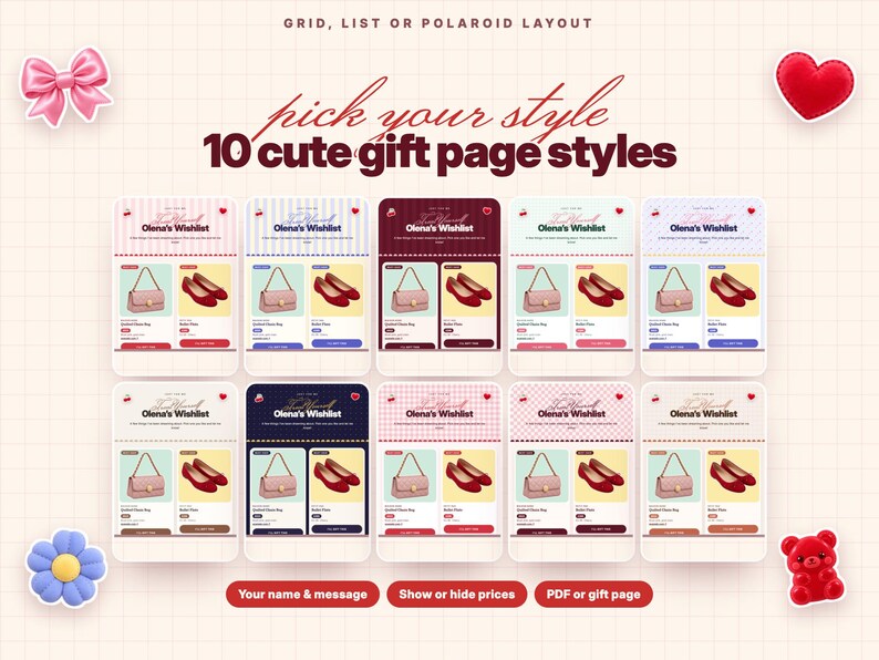 Puede incluir: Un gr&aacute;fico digital que muestra 10 estilos de p&aacute;gina de regalo con el texto "pick your style 10 cute gift page styles" y "Olena's Wishlist". El dise&ntilde;o presenta varios esquemas de color, patrones de cuadr&iacute;cula e iconos como un lazo rosa, un coraz&oacute;n rojo, una flor azul y un oso rojo.