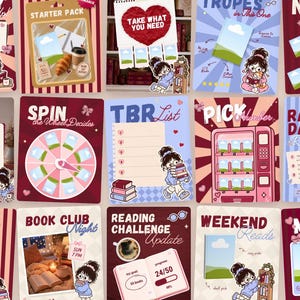 May include: A collection of digital reading tracker templates featuring a cartoon character with glasses and a bun. The designs include a spinning wheel, a vending machine, a TBR list, and book club themes with pink, red, and blue color palettes.