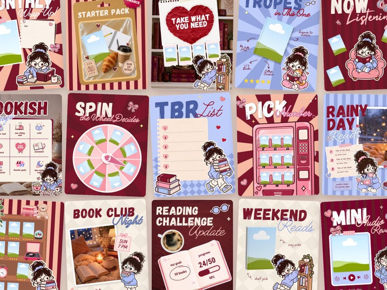 May include: A collection of digital reading tracker templates featuring a cartoon character with glasses and a bun. The designs include a spinning wheel, a vending machine, a TBR list, and book club themes with pink, red, and blue color palettes.