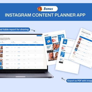 May include: A laptop showing an Instagram content plan with a visual table report. Several printed pages with dental care information are next to the laptop. The image includes the text "INSTAGRAM CONTENT PLANNER APP" and "Export as PDF with images."
