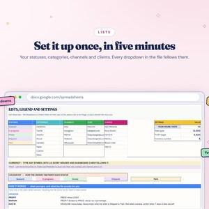 K&ouml;nnte beinhalten: Eine digitale Tabellenkalkulation mit dem Titel LISTS, LEGEND AND SETTINGS mit Spalten f&uuml;r Status, Kategorien, Kan&auml;le, Symbole und Kunden. Das Layout enth&auml;lt eine Einstellungstabelle f&uuml;r Stundens&auml;tze und W&auml;hrungen sowie Textanmerkungen, die auf Dropdown-Men&uuml;s, W&auml;hrungen und Stundensatzfelder hinweisen.