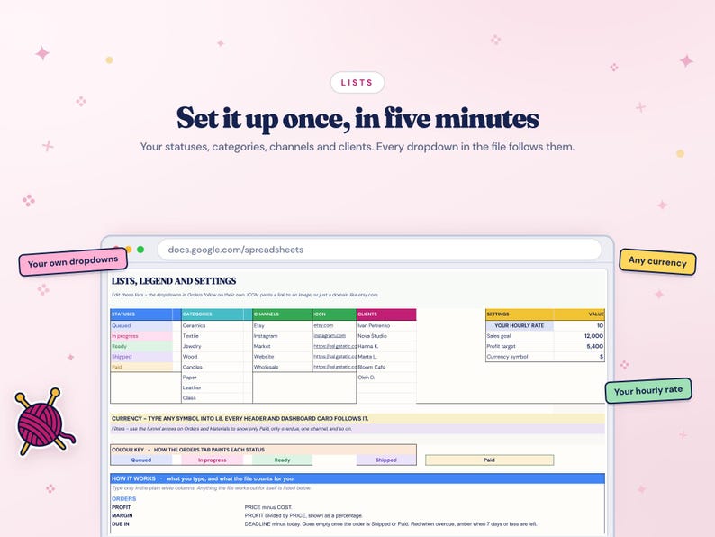 K&ouml;nnte beinhalten: Eine digitale Tabellenkalkulation mit dem Titel LISTS, LEGEND AND SETTINGS mit Spalten f&uuml;r Status, Kategorien, Kan&auml;le, Symbole und Kunden. Das Layout enth&auml;lt eine Einstellungstabelle f&uuml;r Stundens&auml;tze und W&auml;hrungen sowie Textanmerkungen, die auf Dropdown-Men&uuml;s, W&auml;hrungen und Stundensatzfelder hinweisen.
