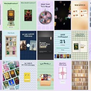 May include: A digital collage of twenty-one book-themed social media templates featuring various layouts, including a book grabber machine, a reading wheel, a 2026 tier list, a bookshelf, reading goals, and book covers with text overlays.