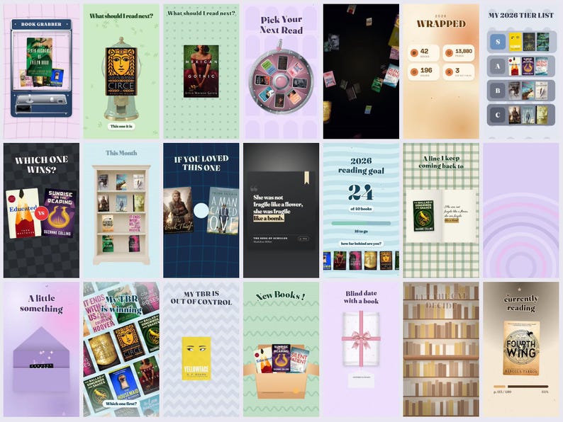 May include: A digital collage of twenty-one book-themed social media templates featuring various layouts, including a book grabber machine, a reading wheel, a 2026 tier list, a bookshelf, reading goals, and book covers with text overlays.