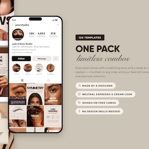 Lash Tech and Brow Artist Instagram Templates, 120 Editable Canva Posts, Stories, Captions imagen 3