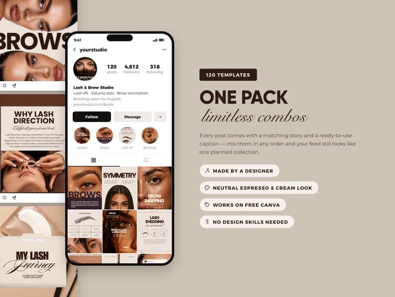 Lash Tech and Brow Artist Instagram Templates, 120 Editable Canva Posts, Stories, Captions imagen 3