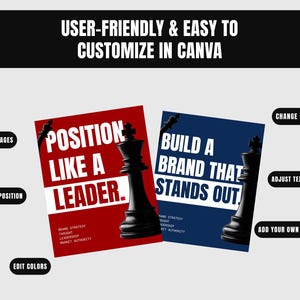 May include: Two rectangular digital templates featuring black chess king pieces. The red template reads POSITION LIKE A LEADER. The blue template reads BUILD A BRAND THAT STANDS OUT. Labels include REPLACE IMAGES, CHANGE FONTS, and EDIT COLORS.