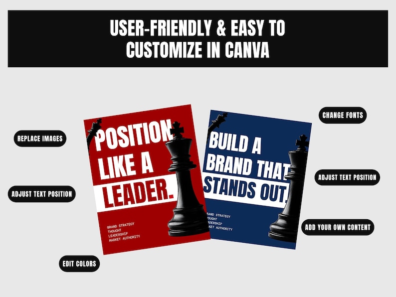 May include: Two rectangular digital templates featuring black chess king pieces. The red template reads POSITION LIKE A LEADER. The blue template reads BUILD A BRAND THAT STANDS OUT. Labels include REPLACE IMAGES, CHANGE FONTS, and EDIT COLORS.