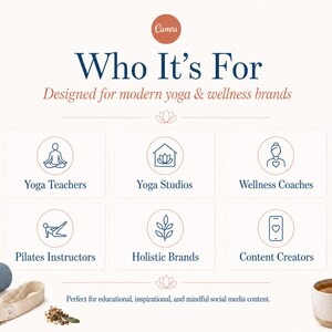 May include: A promotional graphic with the text "Who It's For" and the Canva logo. It lists target audiences for yoga and wellness brands, including yoga teachers, studios, and content creators. A yoga mat and accessories are in the lower left.