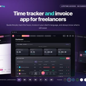 Puede incluir: Una interfaz digital para la aplicación de seguimiento de tiempo y facturación TickPay, con un panel oscuro que muestra métricas de proyectos, horas y ganancias. La pantalla presenta presupuestos de clientes y opciones de idioma.