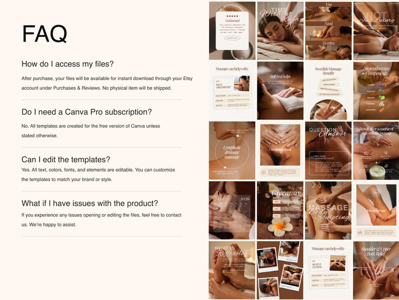 FAQ, How do I access my files?, Do I need a Canva Pro subscription?, Can I edit the templates?, and What if I have issues with the product?