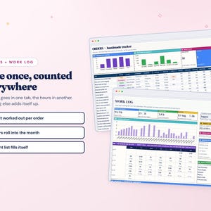 K&ouml;nnte beinhalten: Eine digitale Tabellenkalkulationsoberfl&auml;che zur Verfolgung von handgefertigten Bestellungen und Arbeitsprotokollen. Die Anzeige enth&auml;lt Diagramme, Tabellen und Datenfelder mit dem Text "ORDERS + WORK LOG" und "Type once, counted everywhere".