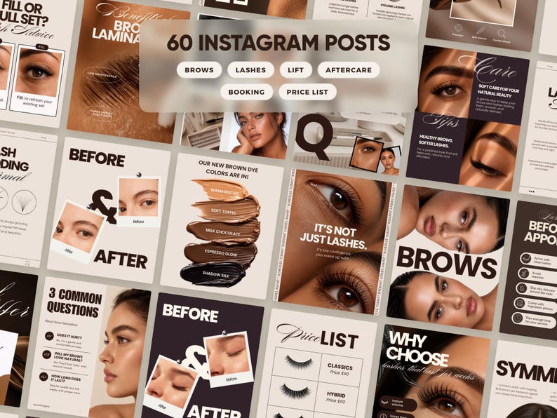 Lash Tech and Brow Artist Instagram Templates, 120 Editable Canva Posts, Stories, Captions imagen 4