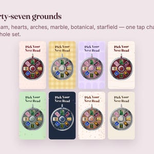 May include: Eight digital cards featuring the text "Thirty-seven grounds" and "Pick Your Next Read" above a circular wheel graphic. Each card displays a different background pattern including gingham, arches, marble, and starfield designs.