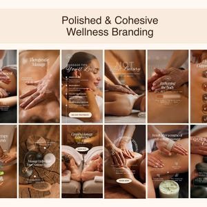 promotional image for a wellness brand, featuring a collage of spa treatment images. The text "Polished & Cohesive Wellness Branding" is at the top. Images include massage, cupping, and aromatherapy, with text overlays like "Massage Tips You'll Love".