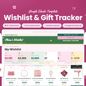 May include: A digital Google Sheets template titled Wishlist & Gift Tracker on a dark pink background. The interface displays a wishlist for Olena, featuring columns for item categories, prices, and savings, with icons of fashion accessories.