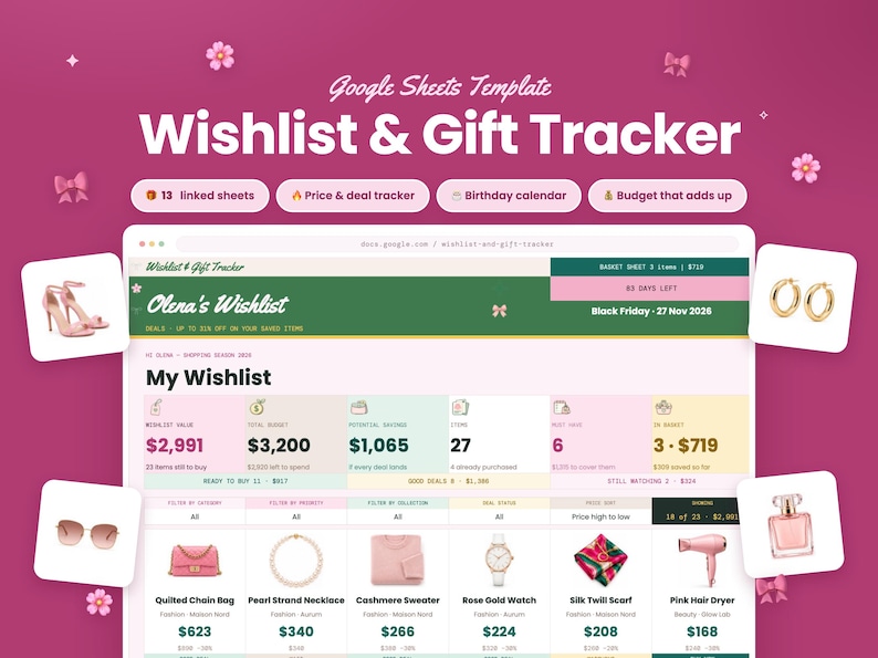 May include: A digital Google Sheets template titled Wishlist & Gift Tracker on a dark pink background. The interface displays a wishlist for Olena, featuring columns for item categories, prices, and savings, with icons of fashion accessories.