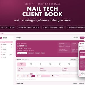 May include: A digital interface for a Nail Tech Client Book app displayed on a desktop and mobile screen. The interface features a deep magenta and white color scheme with text including "NAIL TECH CLIENT BOOK" and "Today".