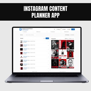 May include: A laptop displaying an Instagram Content Planner app interface. The screen shows a list of scheduled posts on the left and a grid preview of visual content on the right, featuring various images with red and black graphic designs.