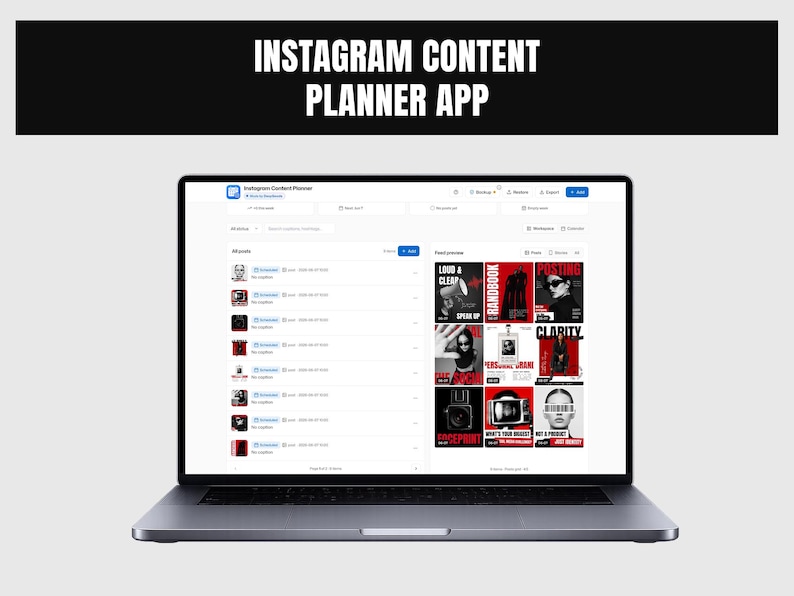 May include: A laptop displaying an Instagram Content Planner app interface. The screen shows a list of scheduled posts on the left and a grid preview of visual content on the right, featuring various images with red and black graphic designs.