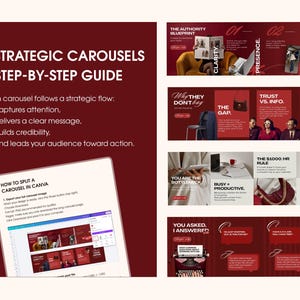 Burgundy and cream business coach Canva template bundle featuring 5 strategic Instagram carousels with a step-by-step guide, editable carousel layouts, content strategy slides, brand messaging templates, and visual examples for coaches and consultants.